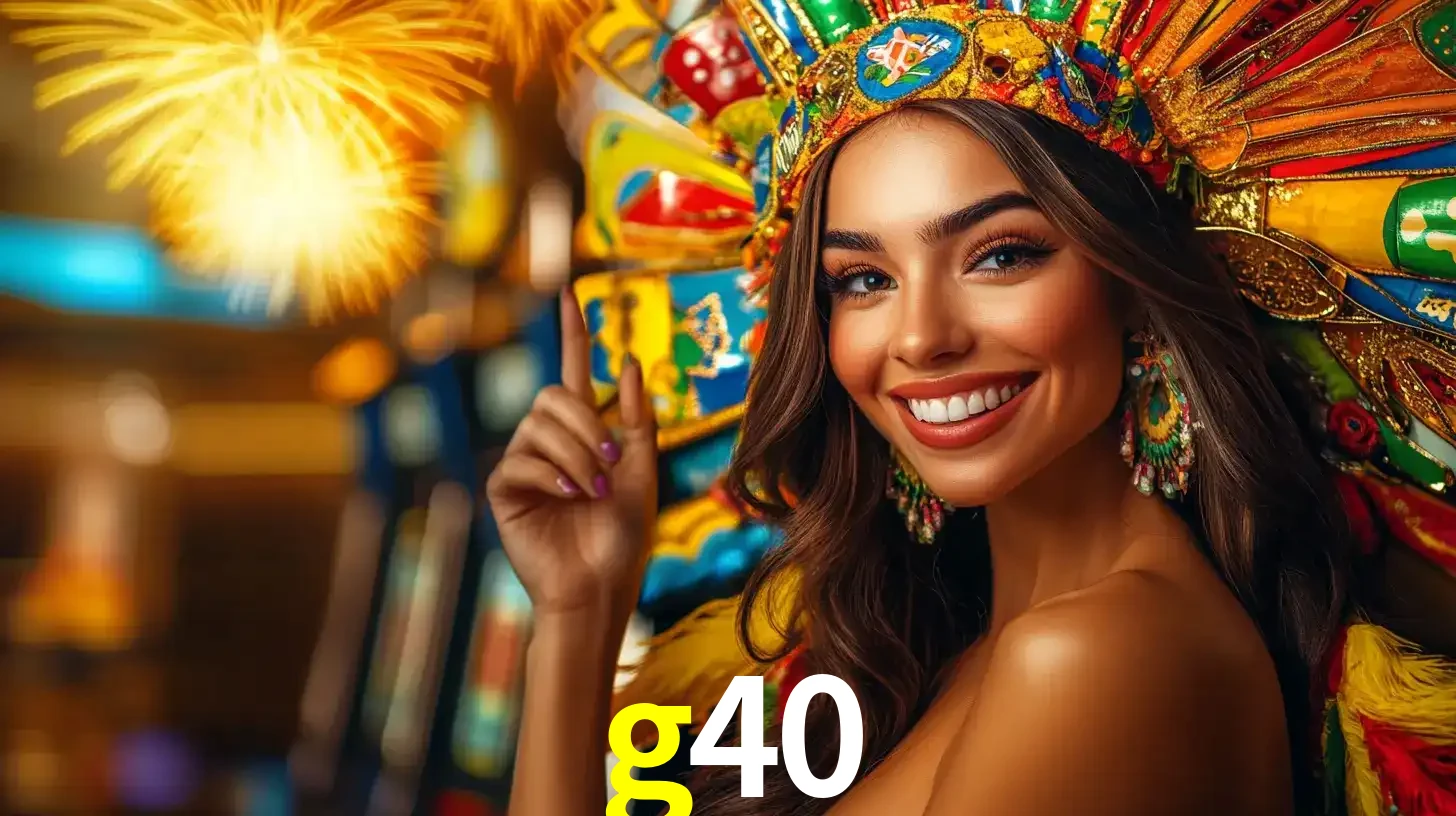 Mulher sorridente com um cocar de carnaval vibrante e colorido, celebrando uma grande vitória nos jogos do cassino g40 com fogos de artifício ao fundo.