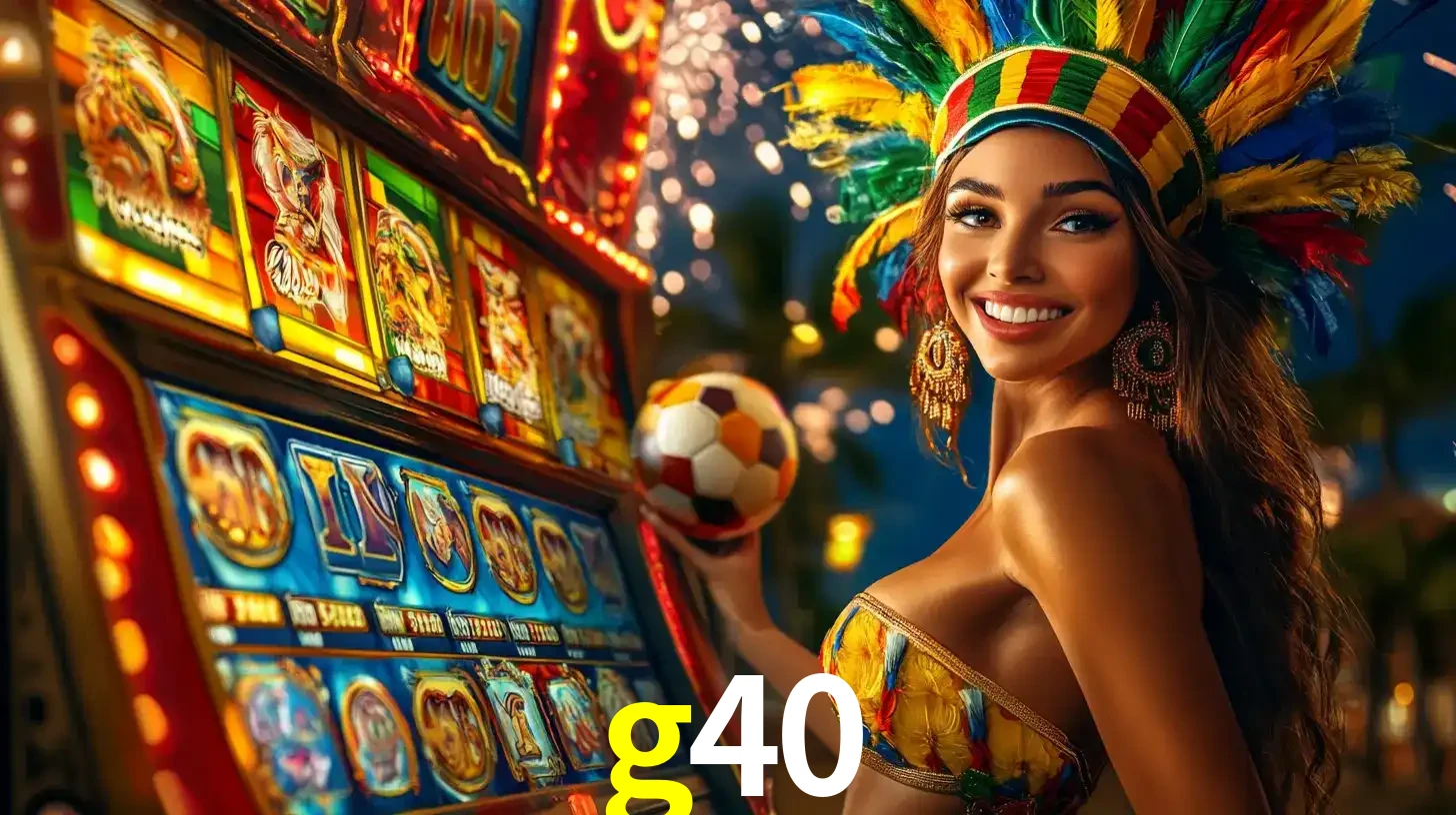 Mulher com um cocar de carnaval ao lado de uma máquina de caça-níqueis enquanto segura uma bola de futebol, mostrando a união da diversão de cassino e esportes no g40.