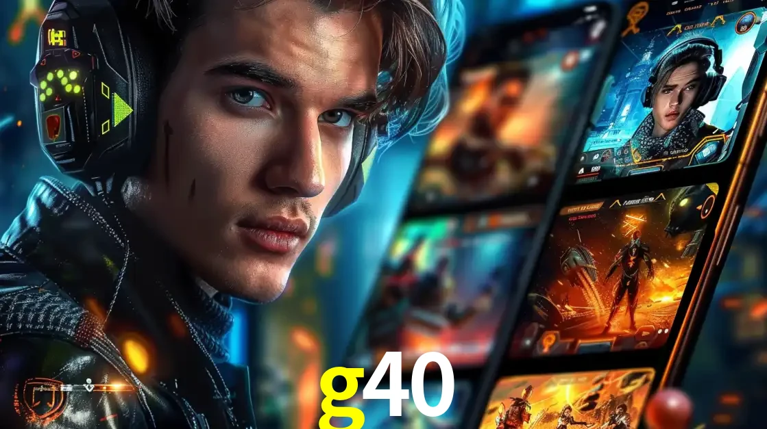 Jovem jogador com fones de ouvido olhando para a câmera, com um aplicativo de jogos e e-sports para celular ao fundo, pronto para a competição e apostas no g40.