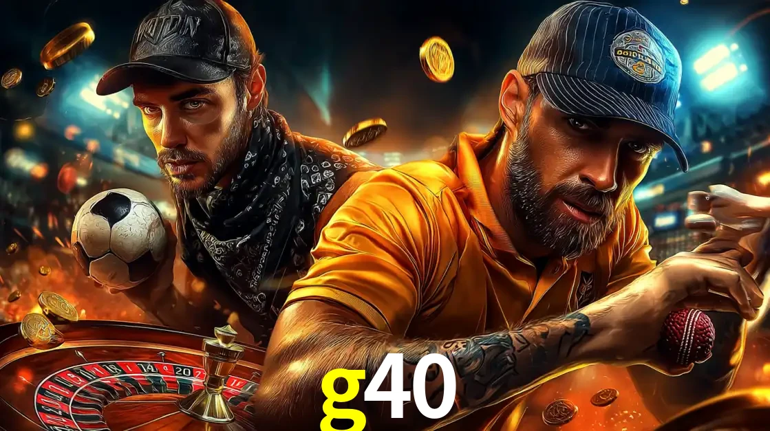 Montagem de apostas esportivas e cassino no g40, com um homem segurando uma bola de futebol e outro uma de beisebol sobre uma roleta e moedas voadoras.