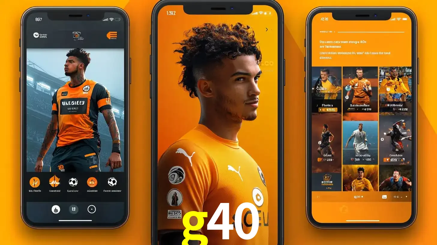 Interface do aplicativo de apostas esportivas g40 em três telas de celular, mostrando o perfil de um jogador de futebol e a lista de jogos disponíveis para apostar.