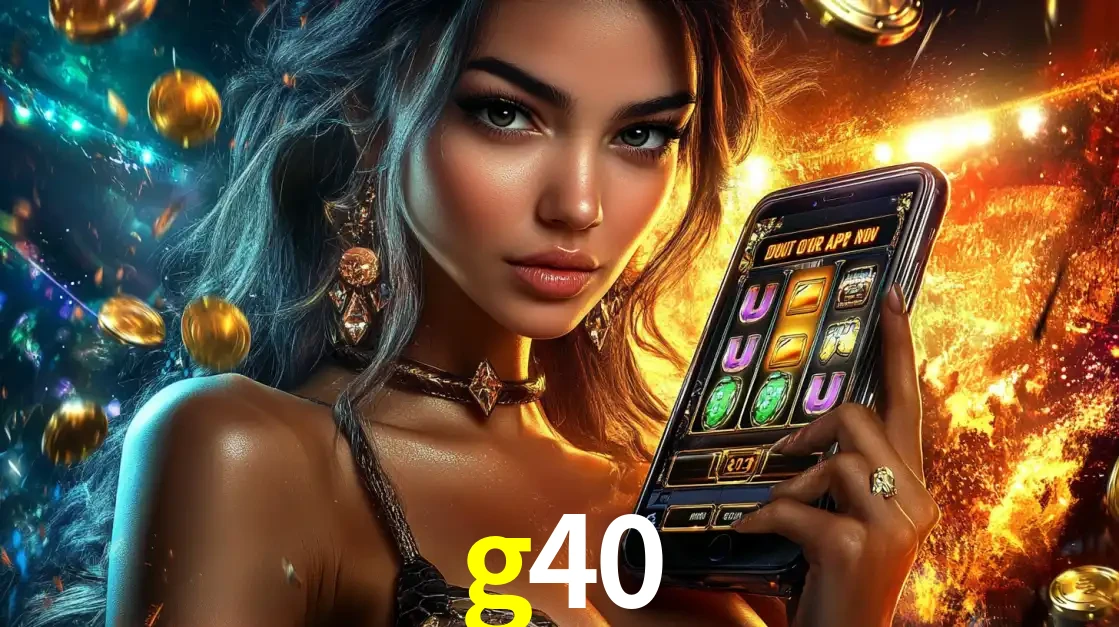 Mulher elegante mostrando um jogo de caça-níqueis em seu smartphone, destacando a experiência de cassino móvel oferecida pelo aplicativo g40.